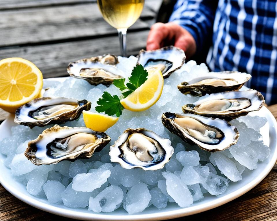 Proef verse oesters in Cancale, Bretagne, Frankrijk.