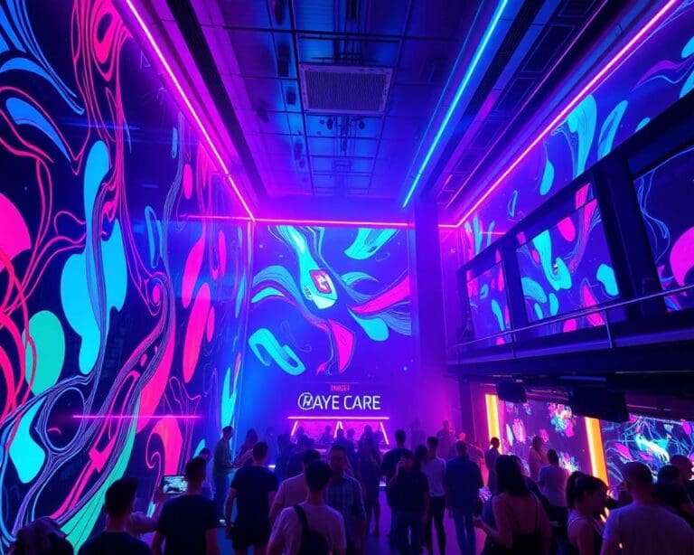 Discotheekavond in een futuristische setting met neonlichten en visuals