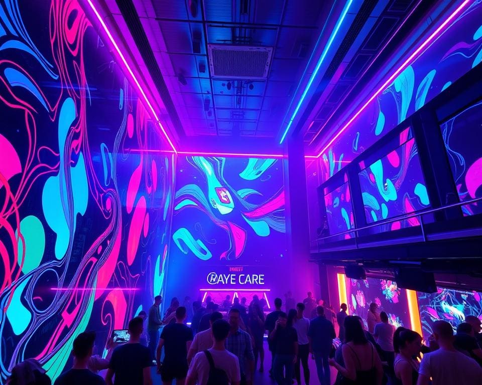 Discotheekavond in een futuristische setting met neonlichten en visuals